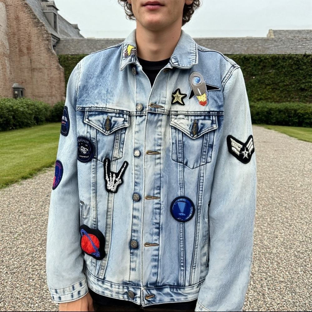 ASOS Denim Jacket Mens Large Light Wash Patched Space USA Theme - Size L